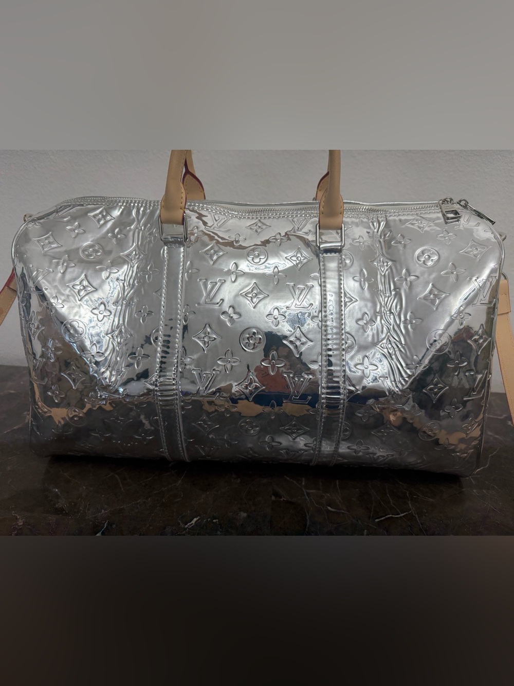Silver LV Duffle Handbag Zip Closure Silver Hardware, Tan Handles ,Inner Pocket